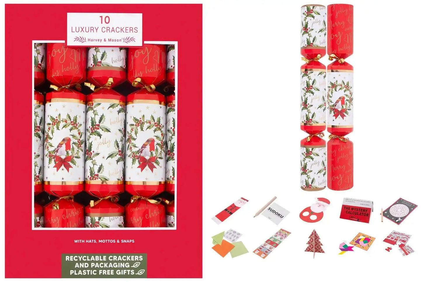 10 Luxury Holly/Robin 14Inch Crackers