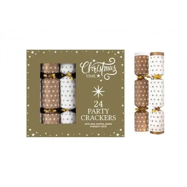Box of 24 Christmas party crackers in gold and white with star patterns, festive decorations.