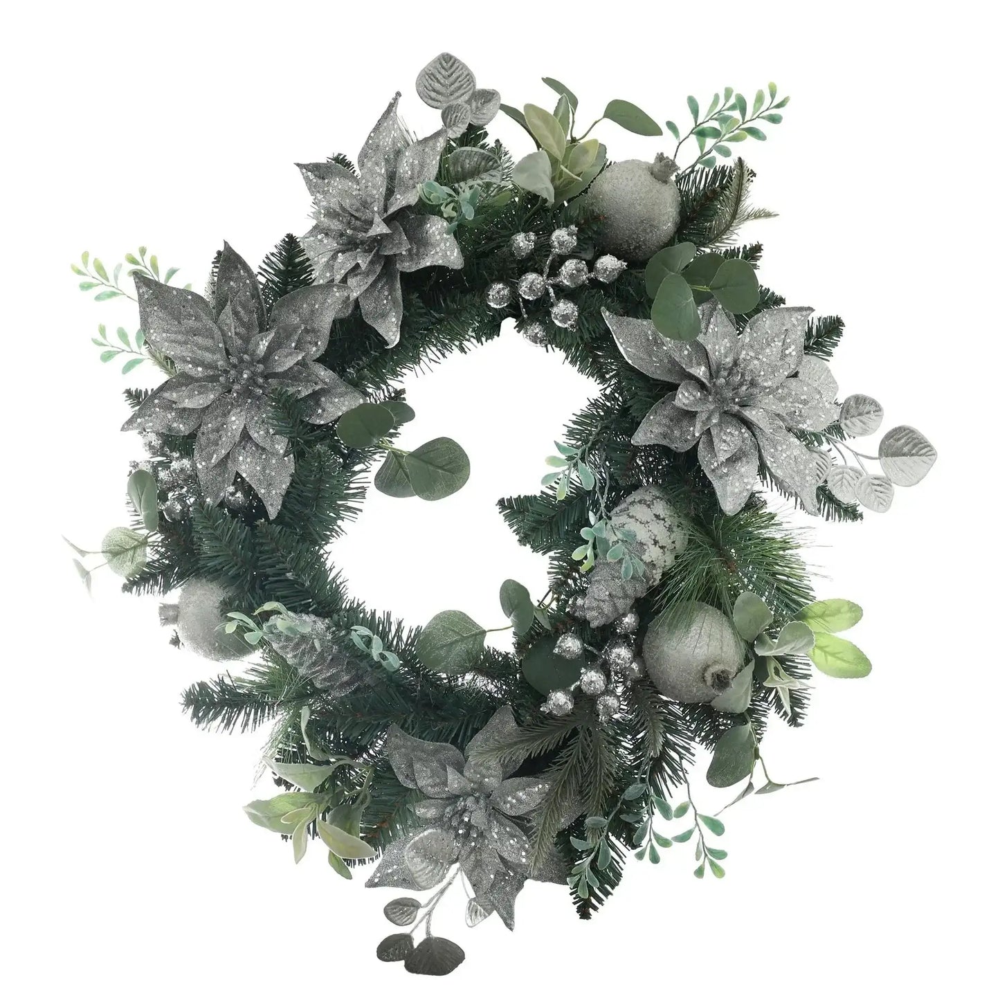 Poinsettia and Bauble Wreath - Silver (60cm)