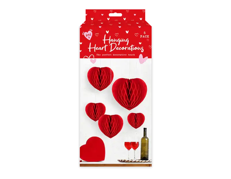 Pack of 5 Valentines Honeycomb Hanging Heart Deocration