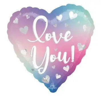 Heart-shaped pastel balloon with 'Love You!' text and heart designs, romantic décor gift