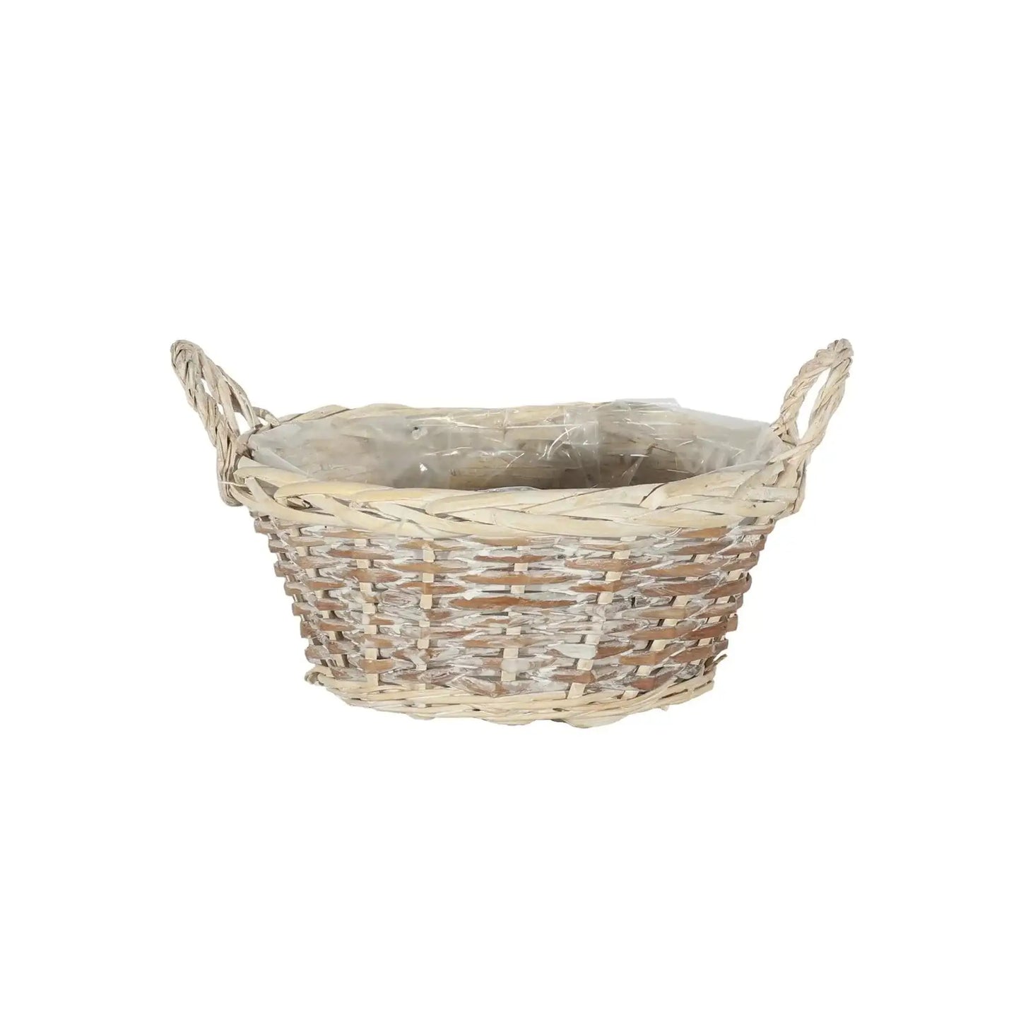 Woven wicker basket with handles and plastic lining for home décor or gift basket.