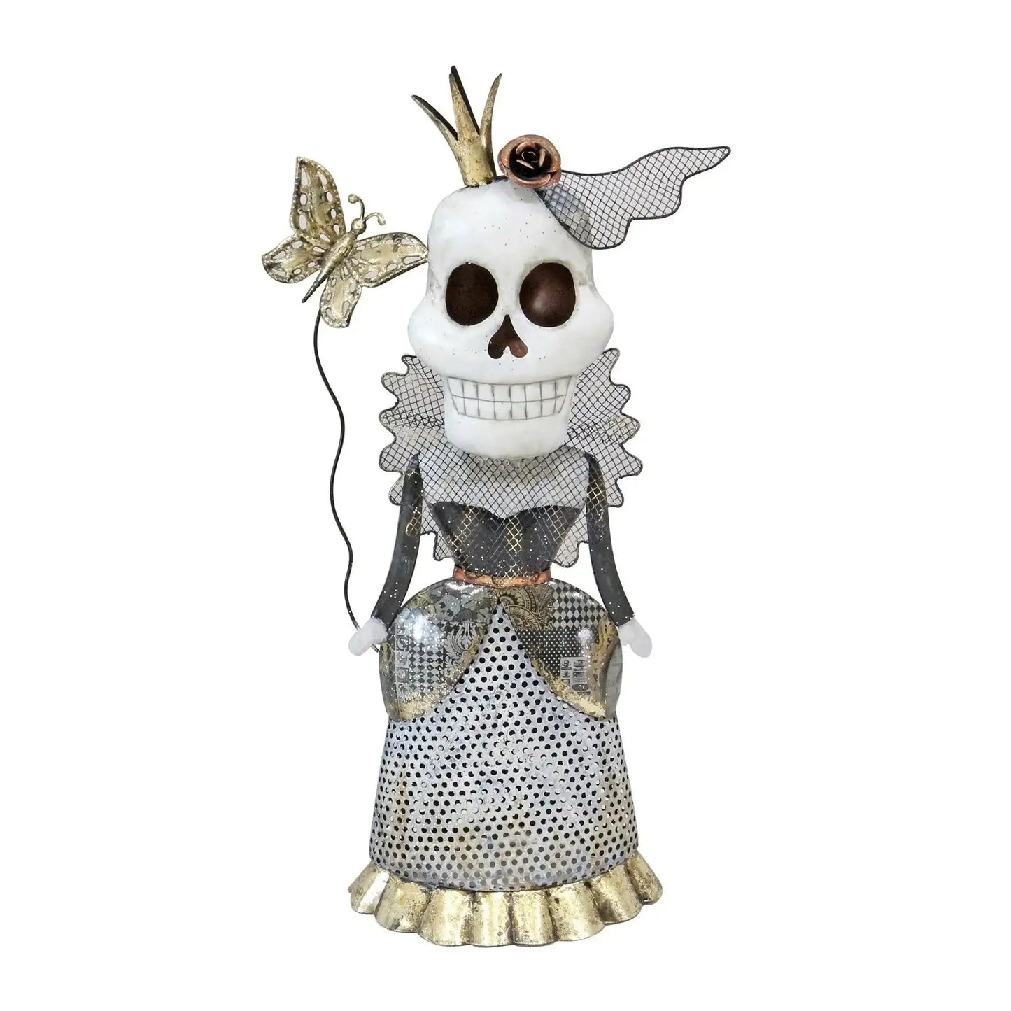 Decorative skeleton lady figurine with crown and butterfly, festive home décor accent