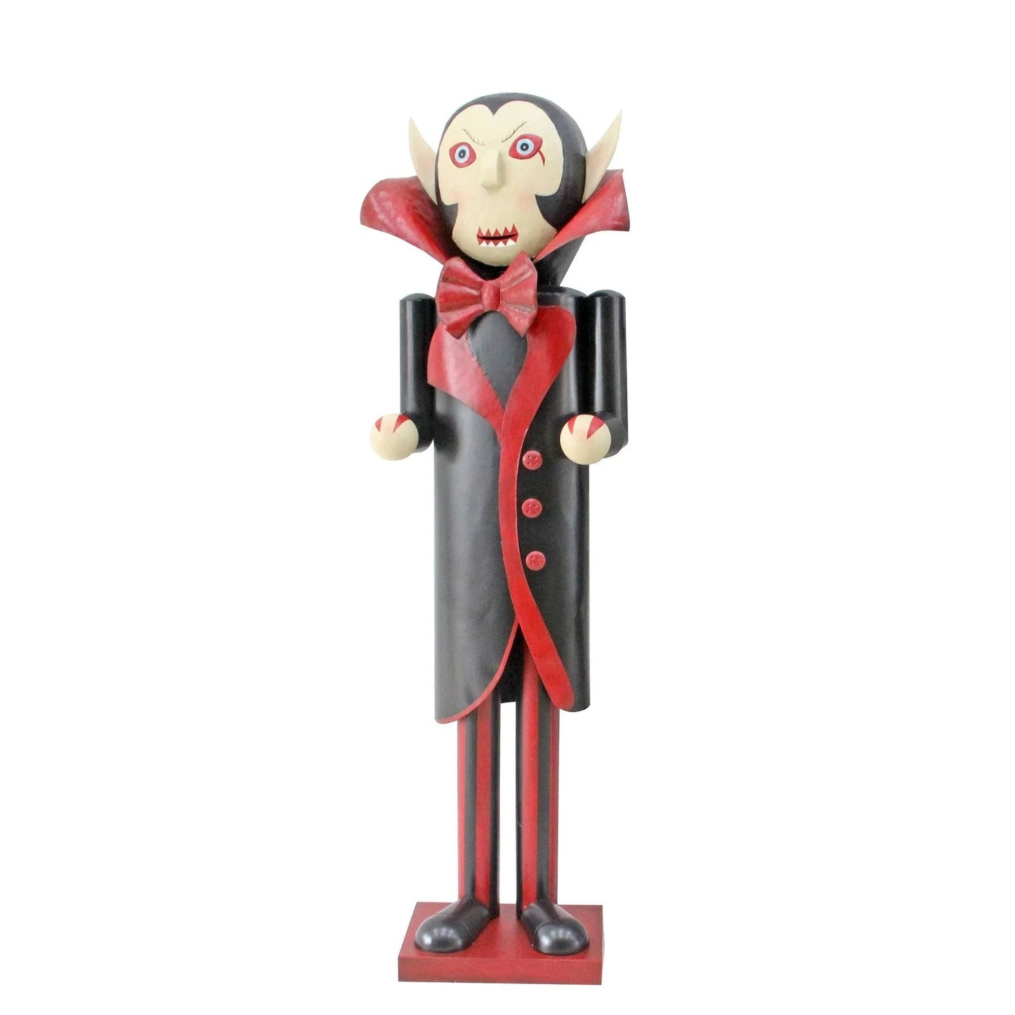 Wooden Dracula nutcracker in black and red cape, vampire decor for Halloween.
