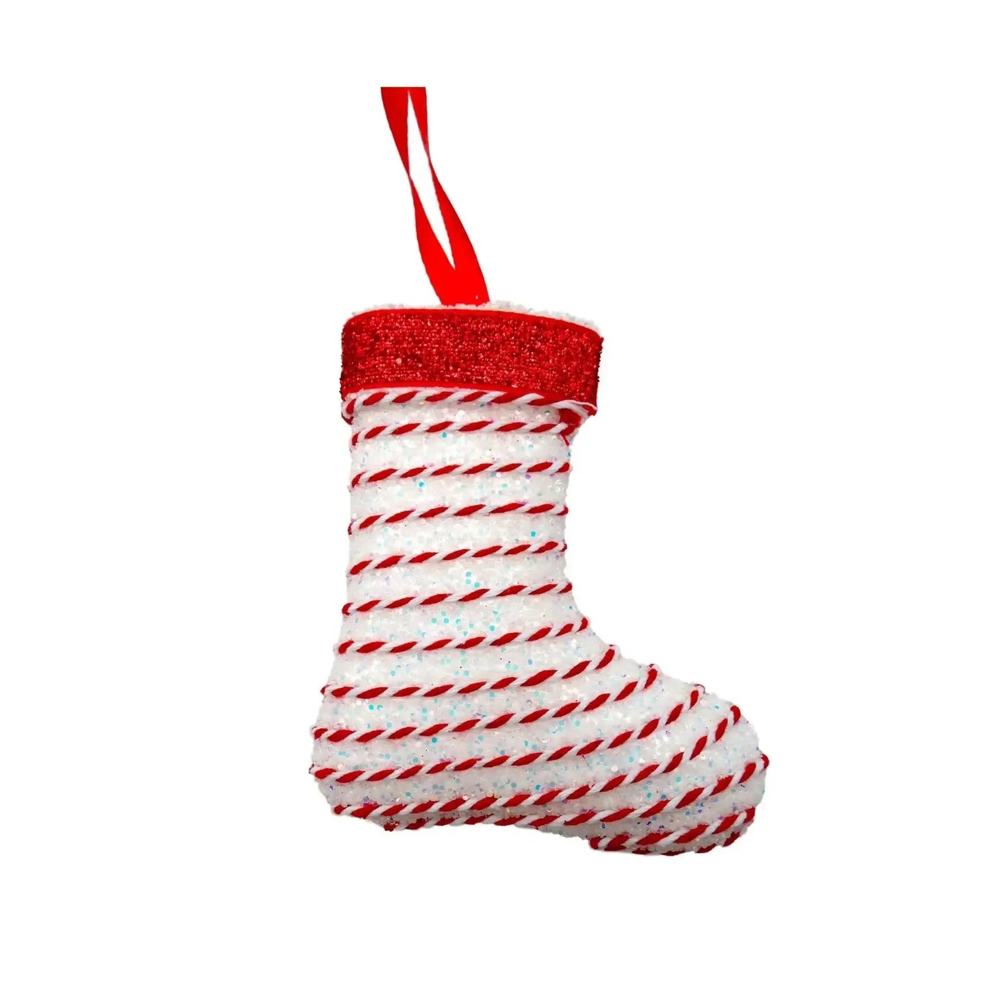 White and Red Glitter Sequin Stocking Hanging Decoration (11cm)