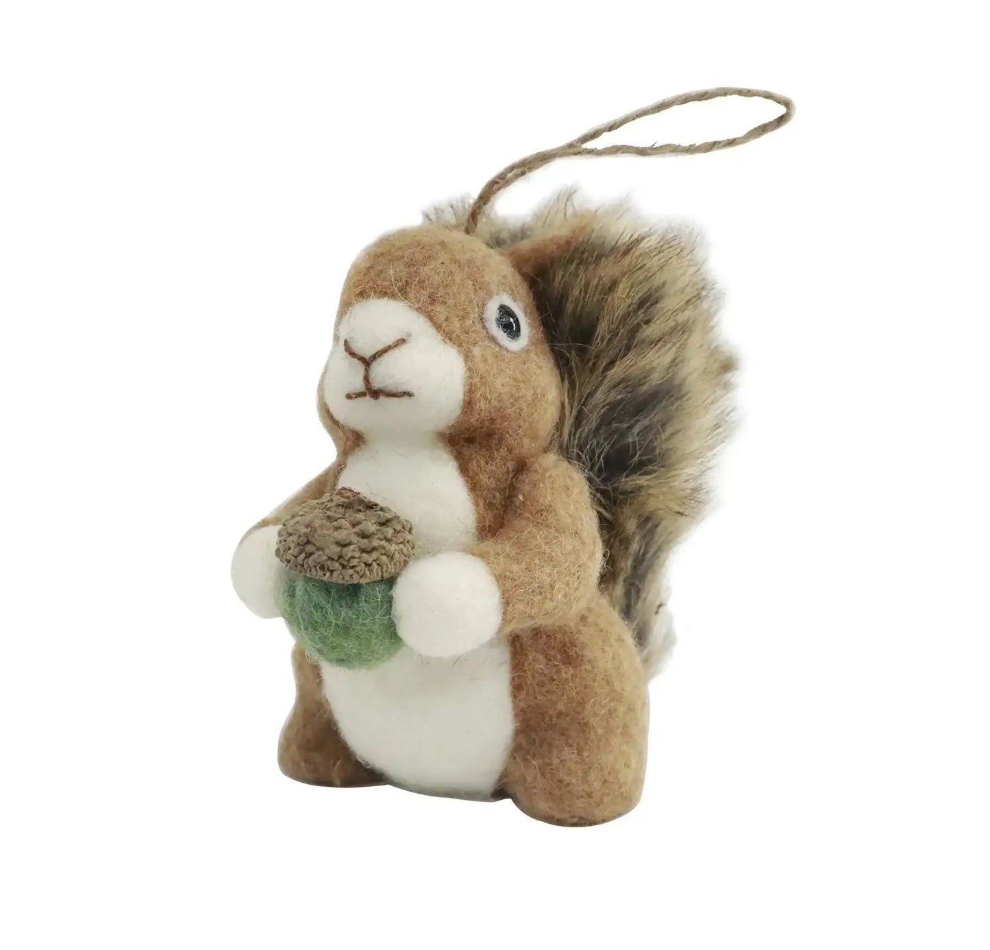 Felt squirrel ornament with bushy tail holding acorn, hanging decor for home or gift