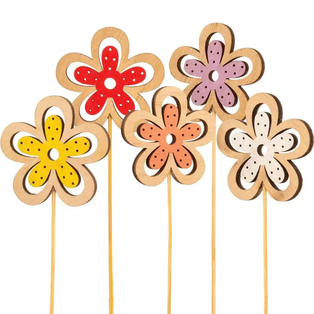 Colorful wooden flower decorations on sticks, perfect for spring home décor or gifts