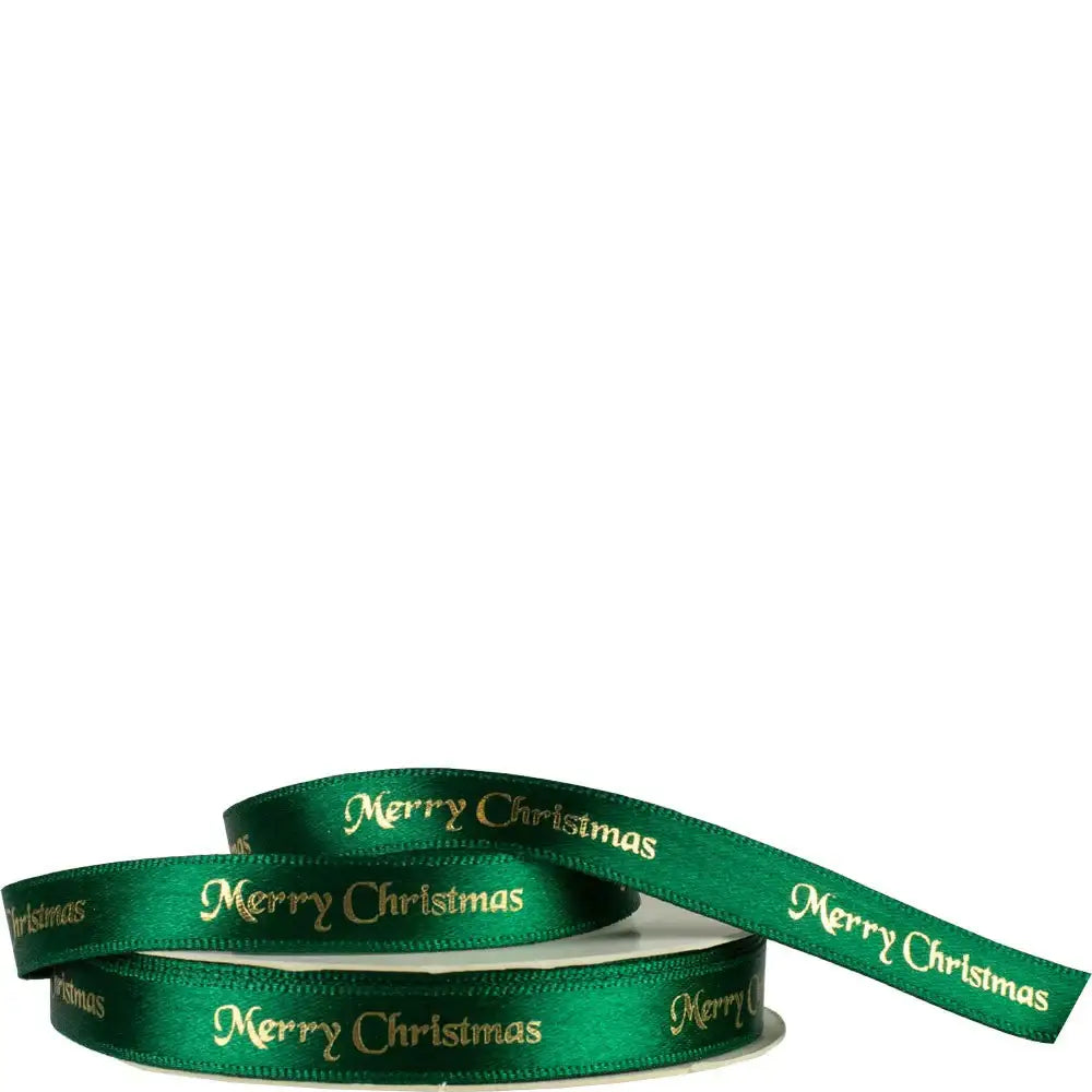 Green and Gold Merry Christmas Satin Ribbon (10mm)