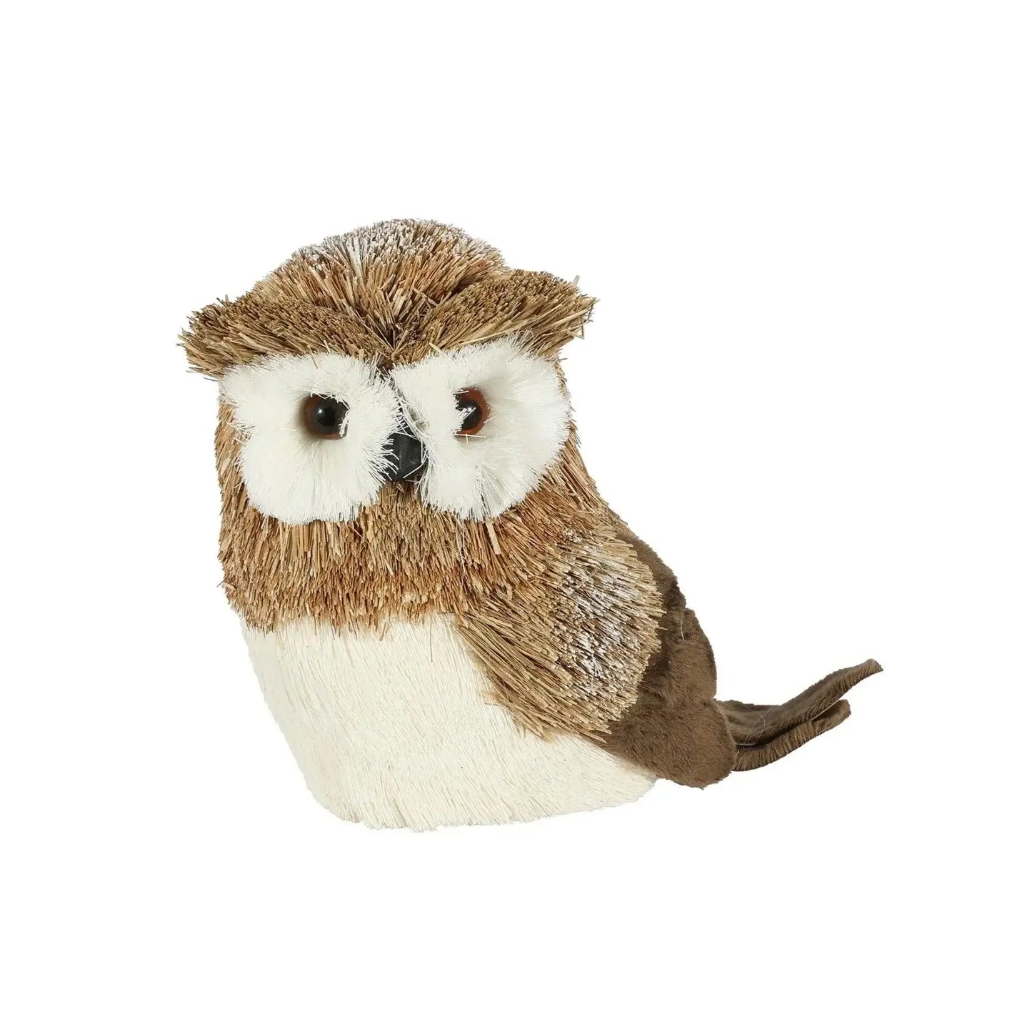 Rustic owl figurine made of natural fibers, decorative home décor accent on white background