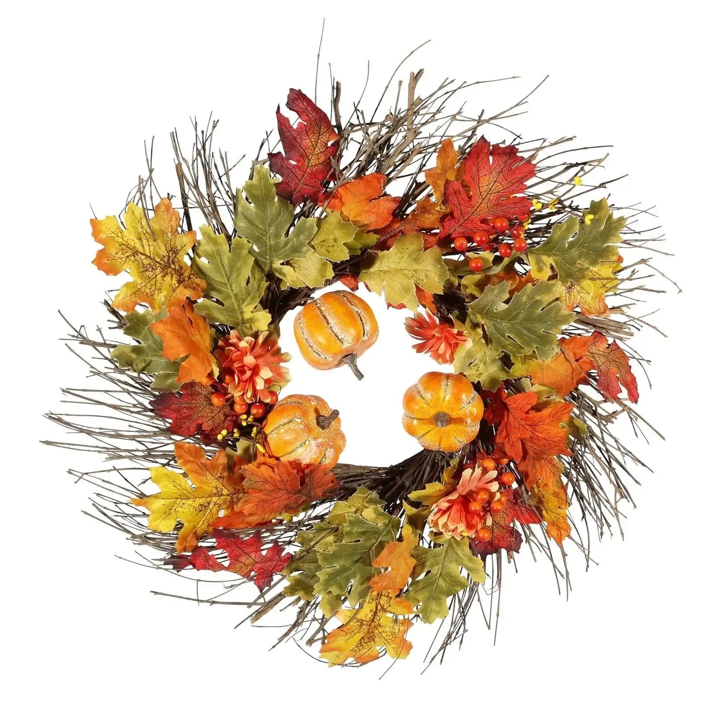 Autumn wreath with orange pumpkins, artificial leaves, berries and twigs, festive home décor