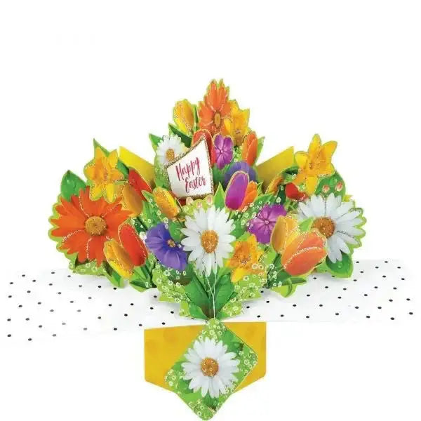 Pop-up Easter card with colorful paper flowers and Happy Easter sign, festive home decor gift.