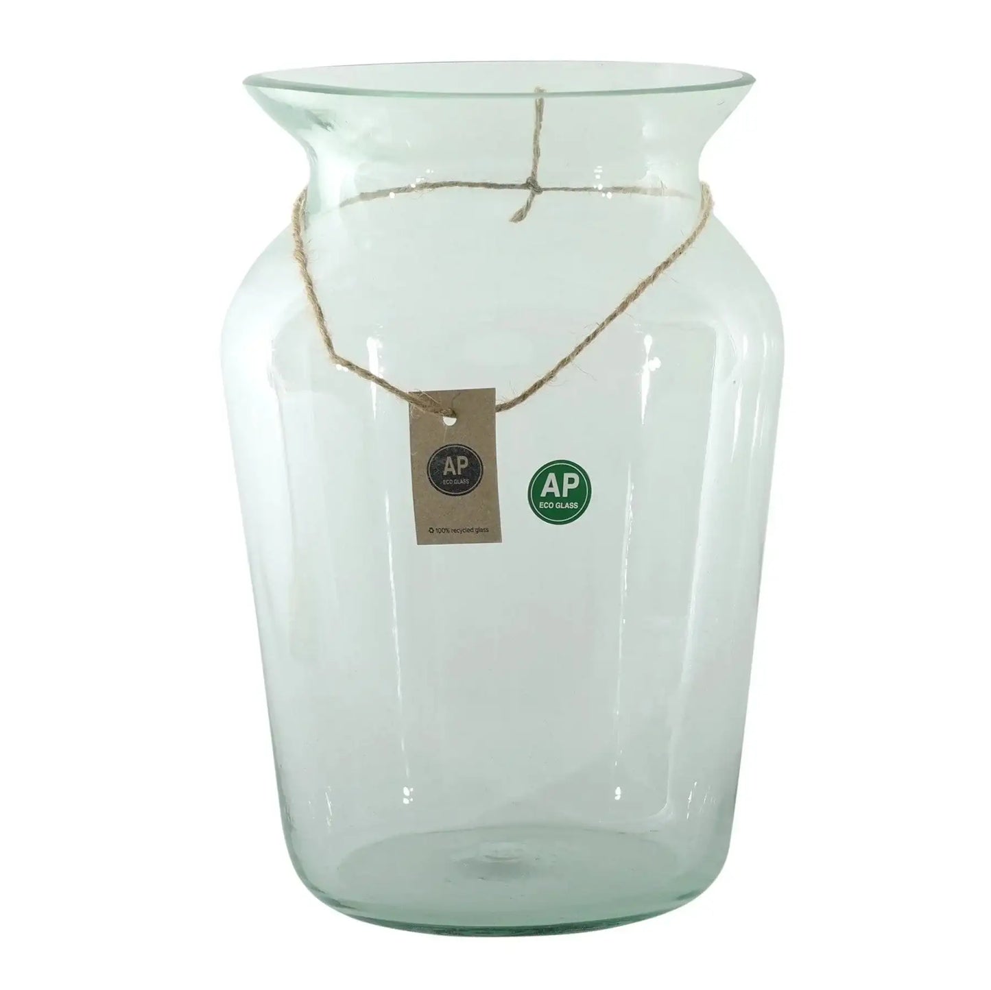 Clear recycled glass vase with wide rim and eco-friendly label, ideal home decor accent