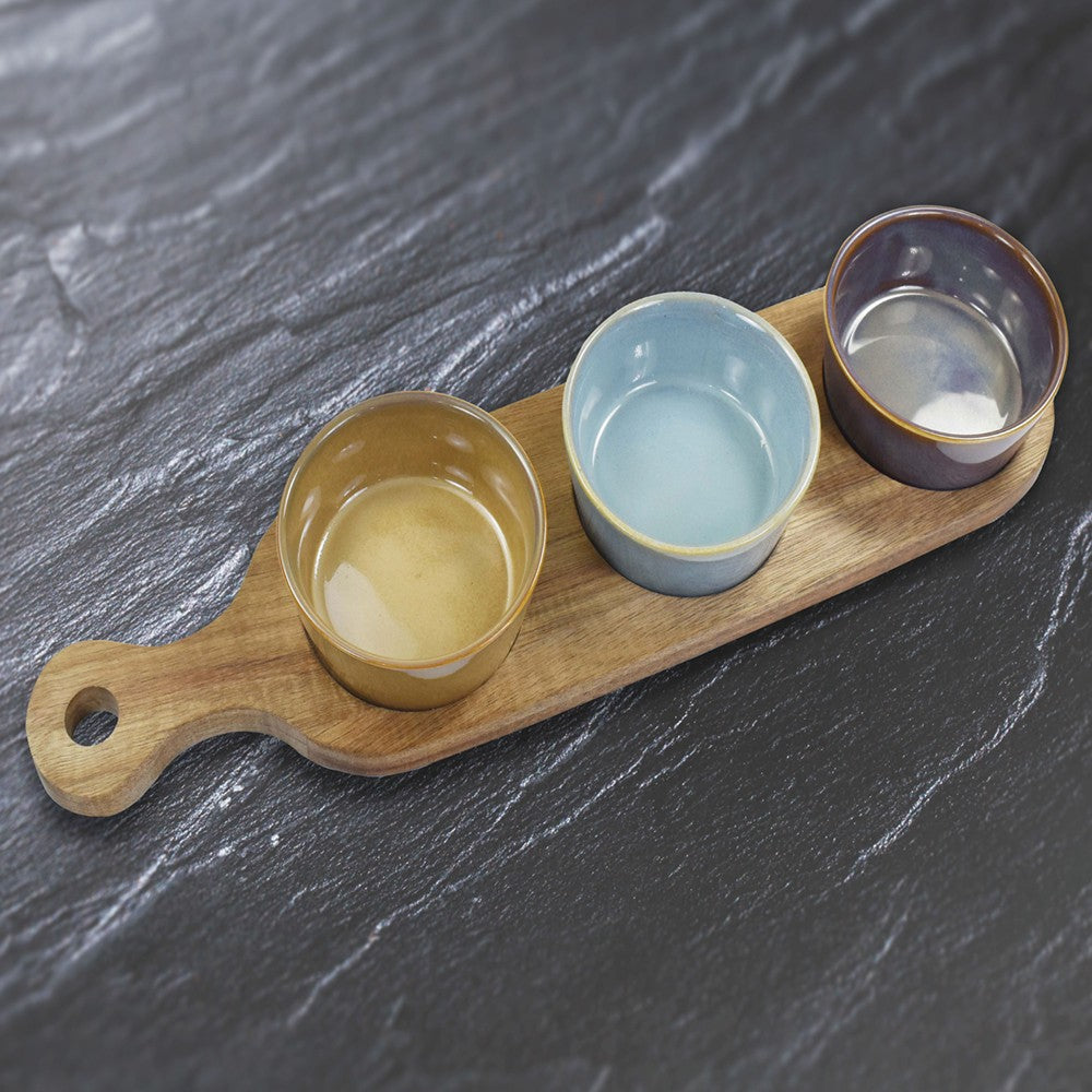 Round Snack Dishes and Wood Tray (Set of 3)