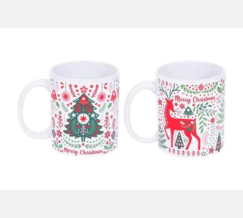 Festive ceramic mugs with Christmas tree and reindeer designs, Merry Christmas text, holiday décor