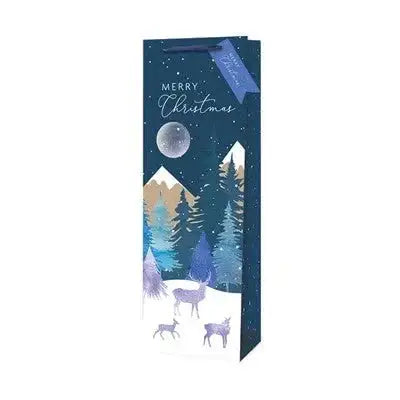 Christmas gift bag with deer, snowy trees, moon, and 'Merry Christmas' text.