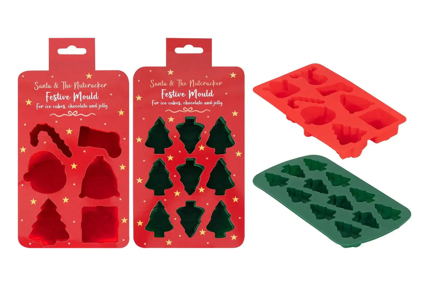 Set of festive silicone molds in red and green for making Christmas-themed ice cubes or treats