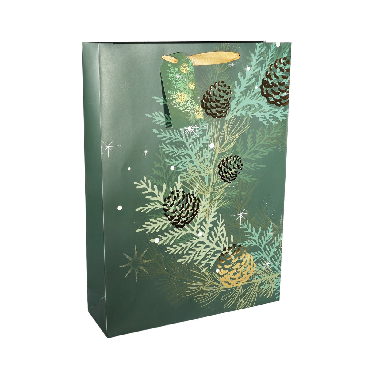 Discover the Green Gold Extra Large Christmas Foliage Pine Cones Gift Bag (45.5cm) at Bristow Direct