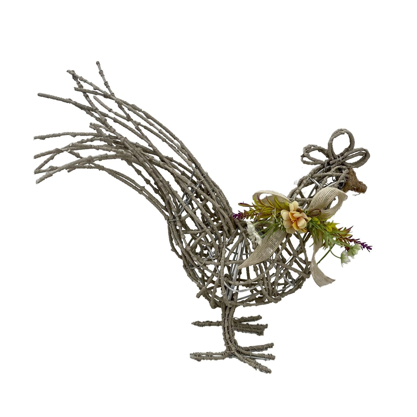 Willow Cockerel Sculpture with Bow and Flowers
