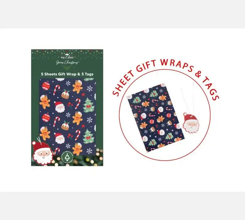 Navy Christmas Gift Wrap Sheets with Tags (Pk5)