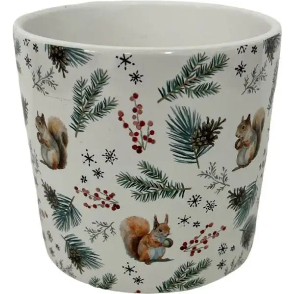 Christmas Squirrel and Seasonal Foliage Ceramic Pot