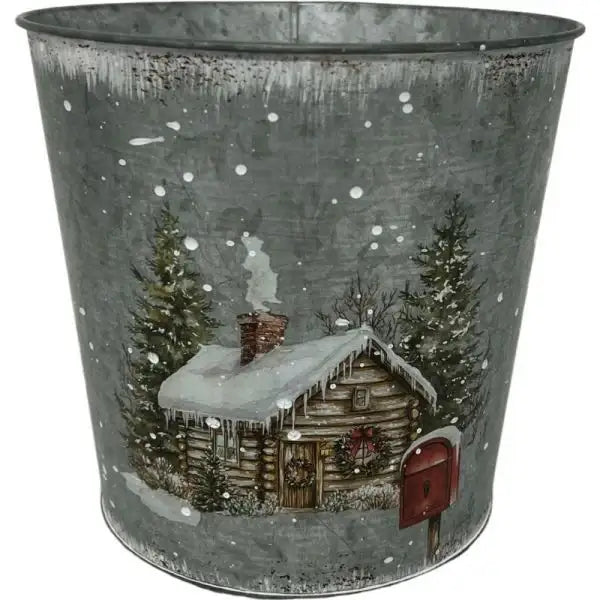 Snowy Christmas Cottage Silver Zinc Pot (13.4cm H)