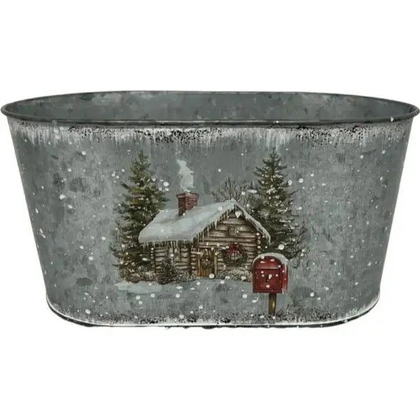 Snowy Christmas Cottage Oval Silver Zinc Planter