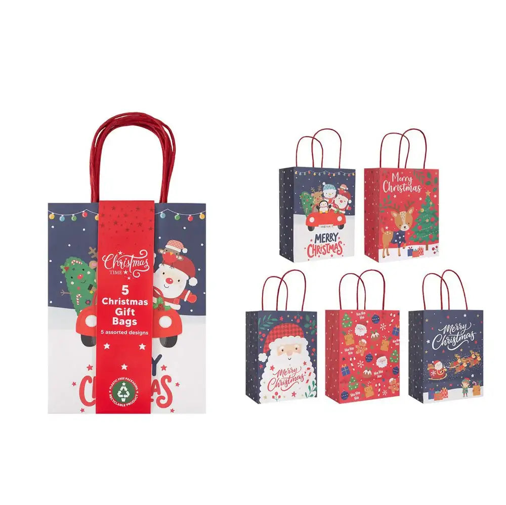 Pack of 5 Assorted Christmas Paper Gift Bags with Handles
