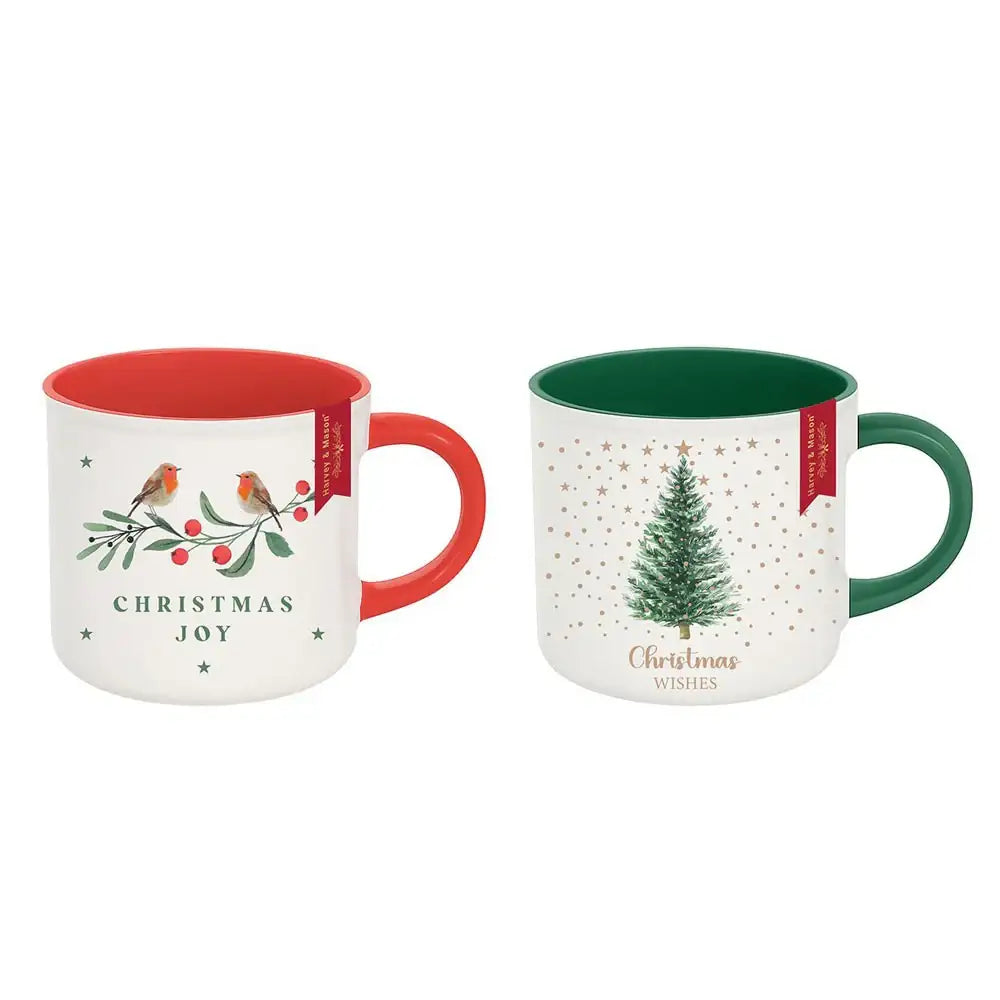 Set of 2 Christmas Mugs (Robin Design and Tree Design)
