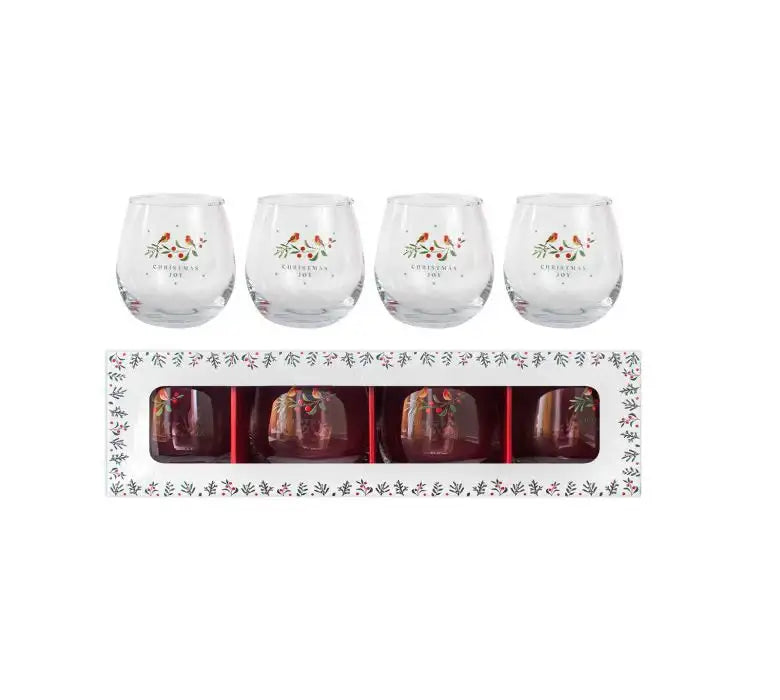 Set of 4 Christmas Robin Drinking Glasses