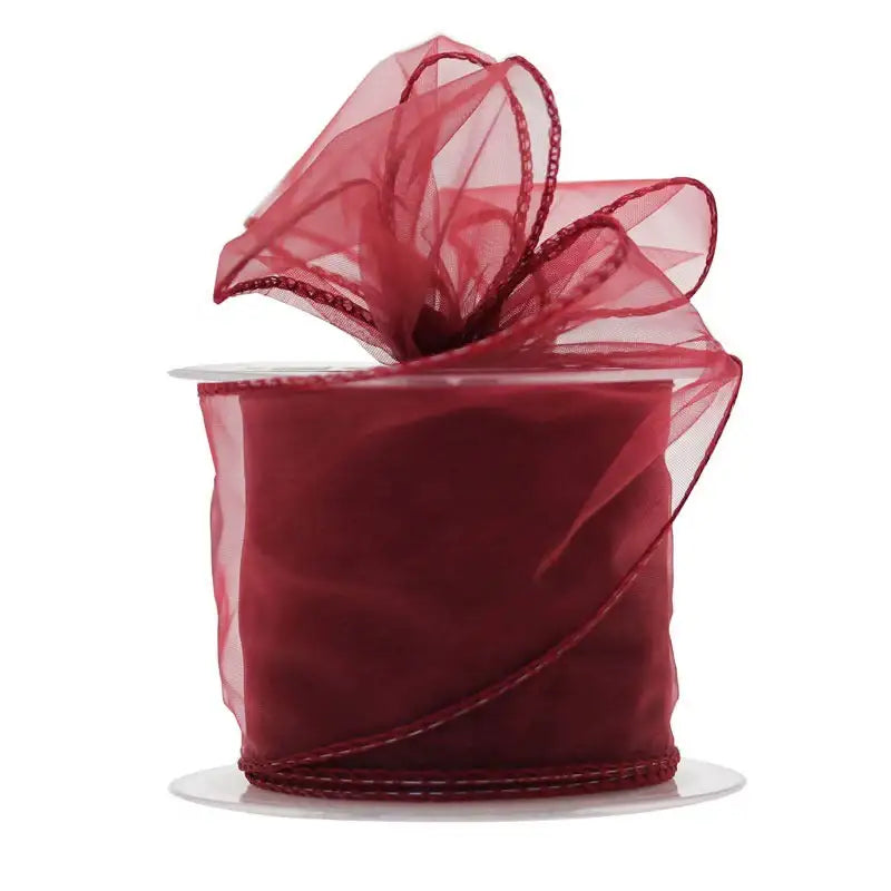 Burgundy sheer organza ribbon with wired edges, perfect for gift wrapping and home décor accents