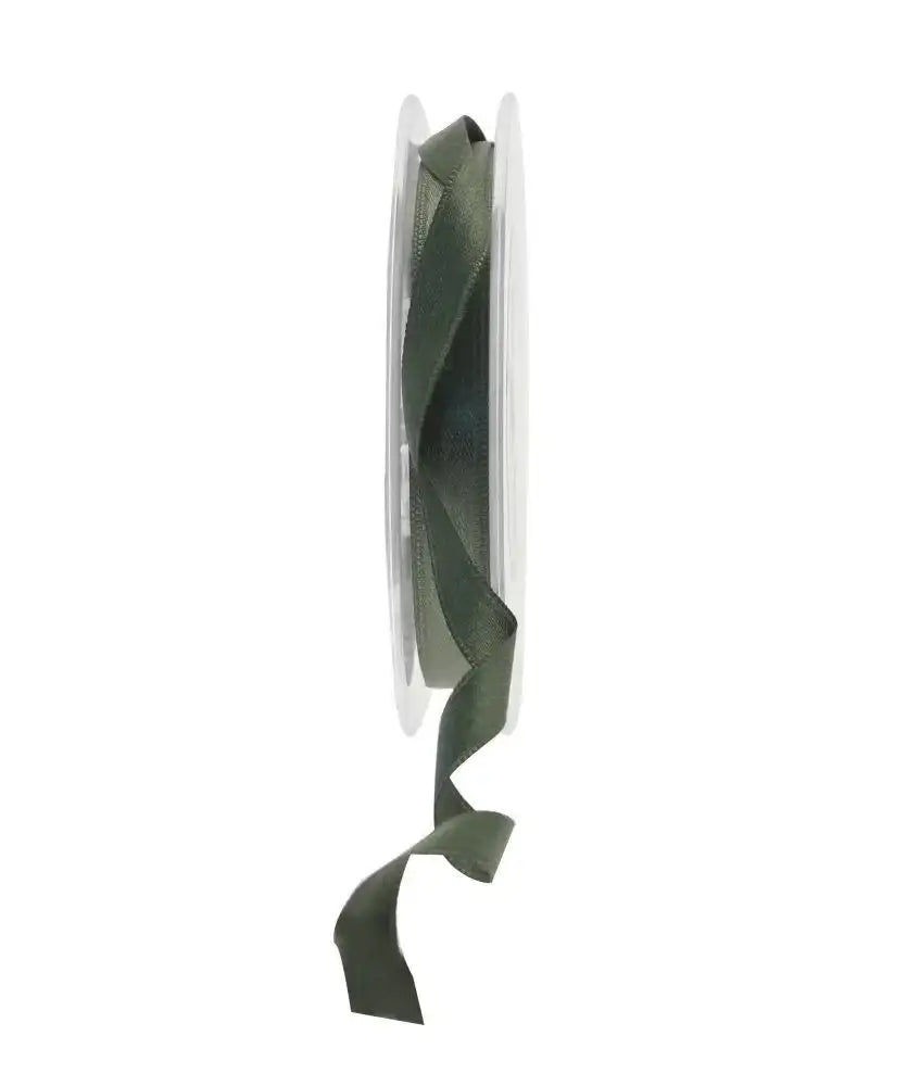 Olive green satin ribbon on spool for gift wrapping and home décor accents