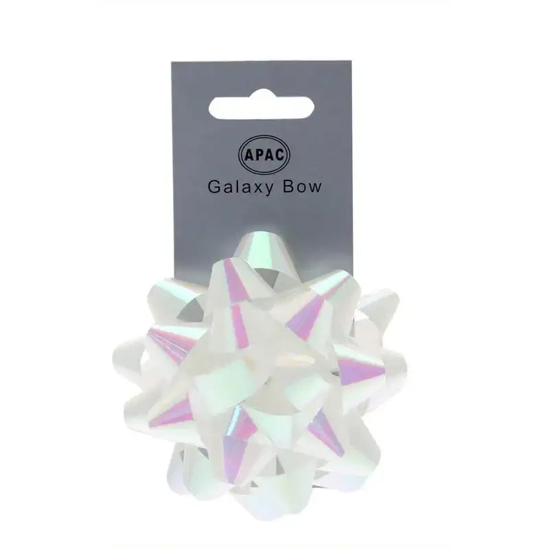 Iridescent white galaxy gift bow with APAC label, perfect for gift wrapping and presents
