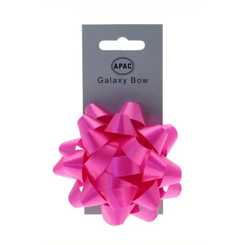 Bright pink gift bow with glossy finish on retail packaging labeled Galaxy Bow.
