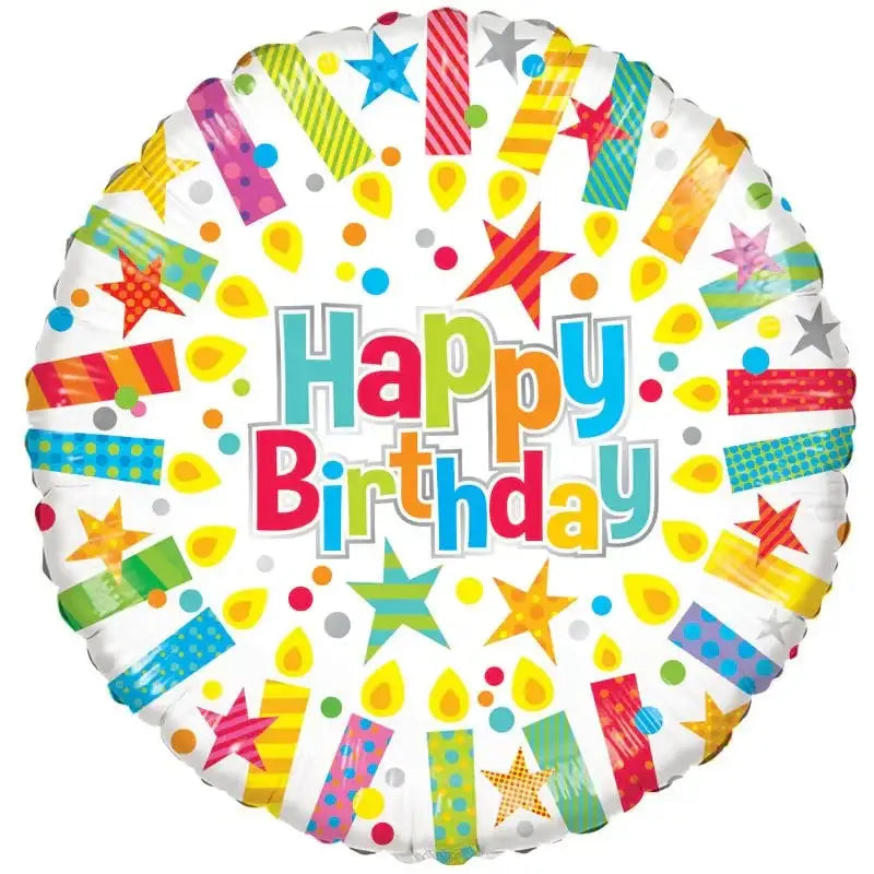 Colorful Happy Birthday foil balloon with stars, dots, and gift patterns for birthday celebrations