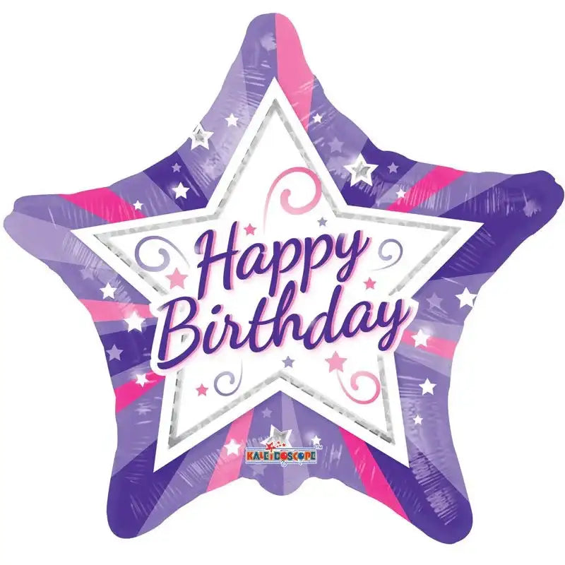 Purple and pink star-shaped Happy Birthday balloon with glittery stars and swirls for birthday celebrations