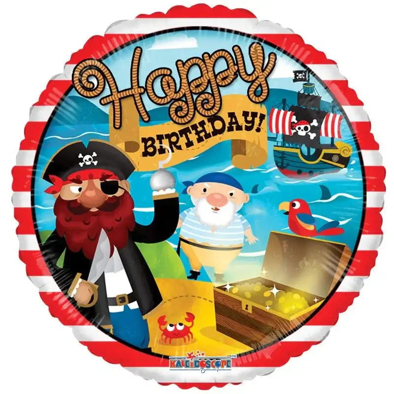 Pirate-themed birthday balloon with treasure chest, ship, and 'Happy Birthday' text for kids' party decor