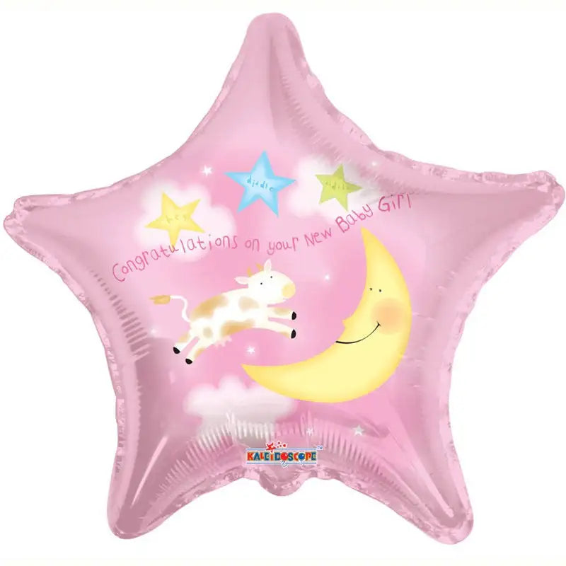 Pink star-shaped baby girl balloon with cow, moon, and stars, congratulatory design
