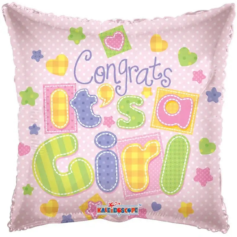 Square pink balloon with polka dots and colorful text 'Congrats It's a Girl' for baby shower.