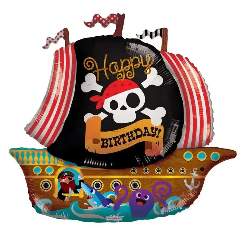 Pirate ship birthday balloon with skull, red stripes, and 'Happy Birthday' for kids' party decor