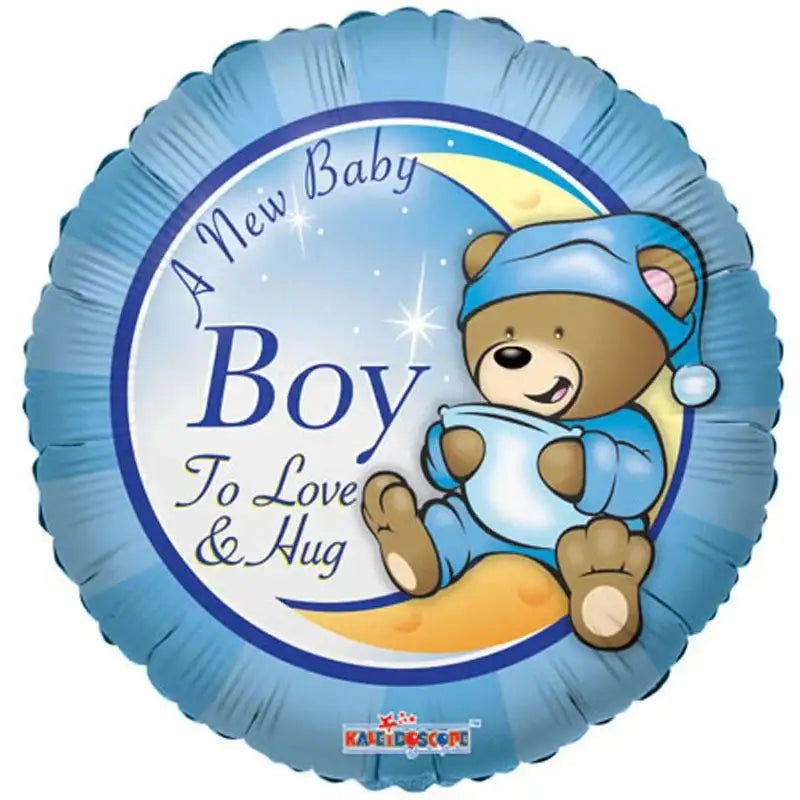 Blue baby boy balloon with teddy bear, perfect for newborn celebrations and baby showers