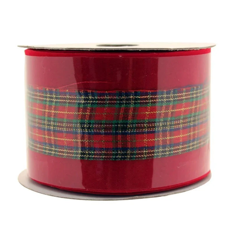 Red Velvet Ribbon With Tartan Centre (2.5 Inch X 10m)
