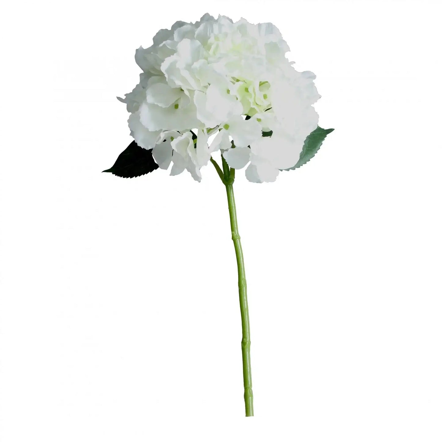 White artificial hydrangea flower with green stem and leaves, perfect for home décor and gift arrangements