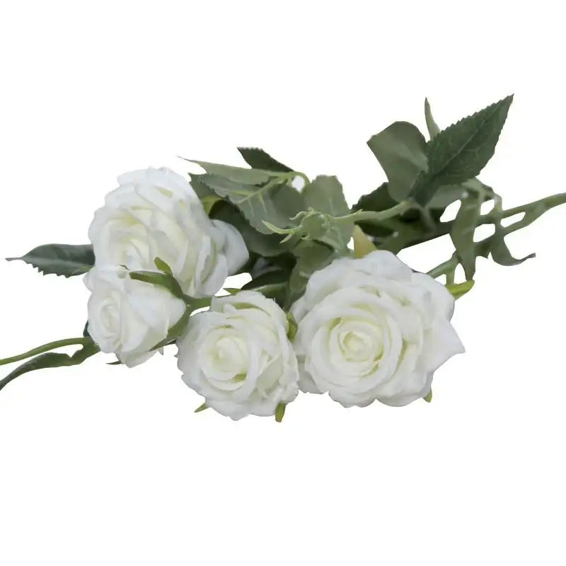 Elegant white artificial roses with green leaves, perfect for home décor and gift occasions