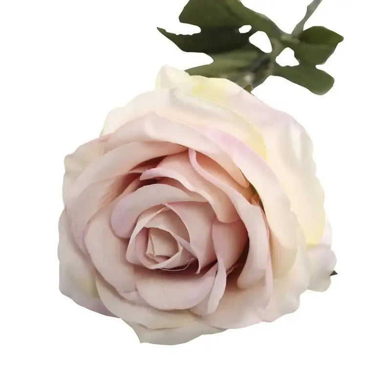 Soft pink and cream artificial rose with green leaves, perfect for home décor or gift arrangements