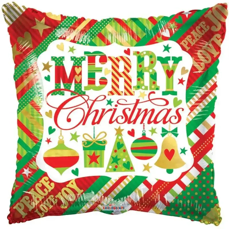 Merry Christmas foil balloon with festive red green patterns, ornaments, and peace love joy text for holiday decor