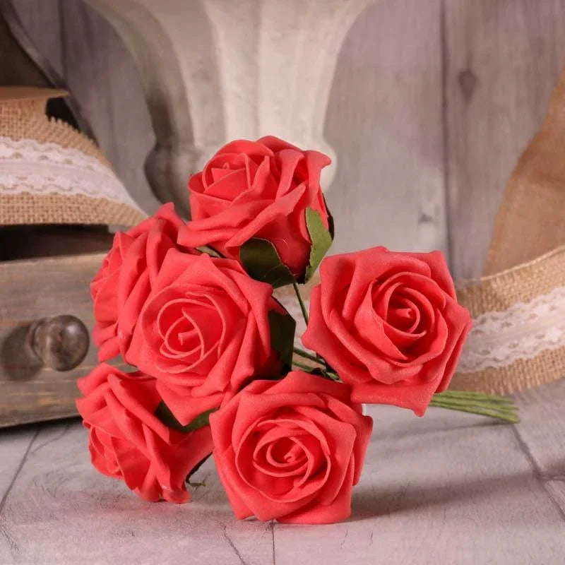 Bunch of 6 Coral Pink Foam Tea Rose