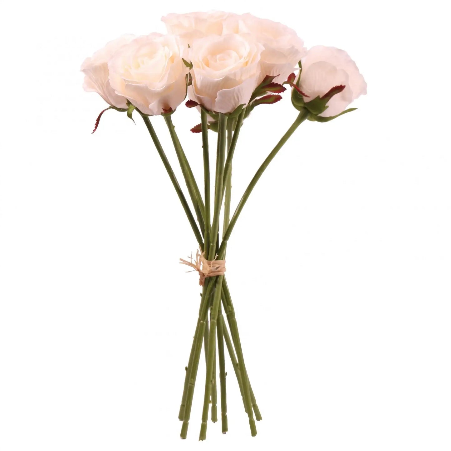Cream artificial roses bouquet with green stems, tied with twine, perfect for home décor or gift occasions