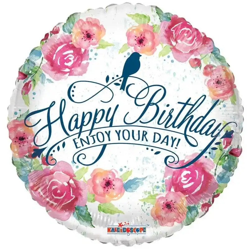 Happy Birthday floral balloon with bird design, perfect for birthday celebrations and home décor