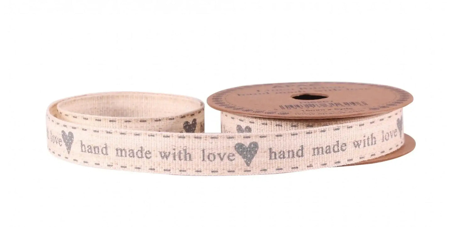 'Handmade with Love' Grey Linen Ribbon 15mm - Bristow Direct