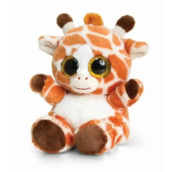 Cute plush giraffe toy with large glittery eyes, orange and white fur, sitting upright